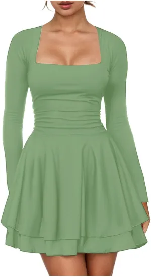 Rvidbe Summer Dresses for Women 2025 Square Neck Ruffle Hem Mini Dress Ruched Waist Long Sleeve Corset Short Party Dresses