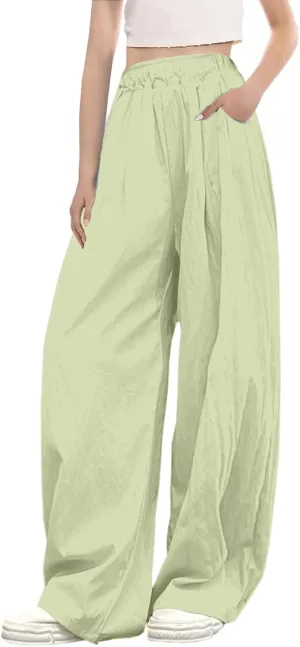 SANGTREE Girls & Woman Wide Leg Pants Lightweight Casual Elastic High Waist Straight Leg Loose Trousers,4 Years - Woman 2XL