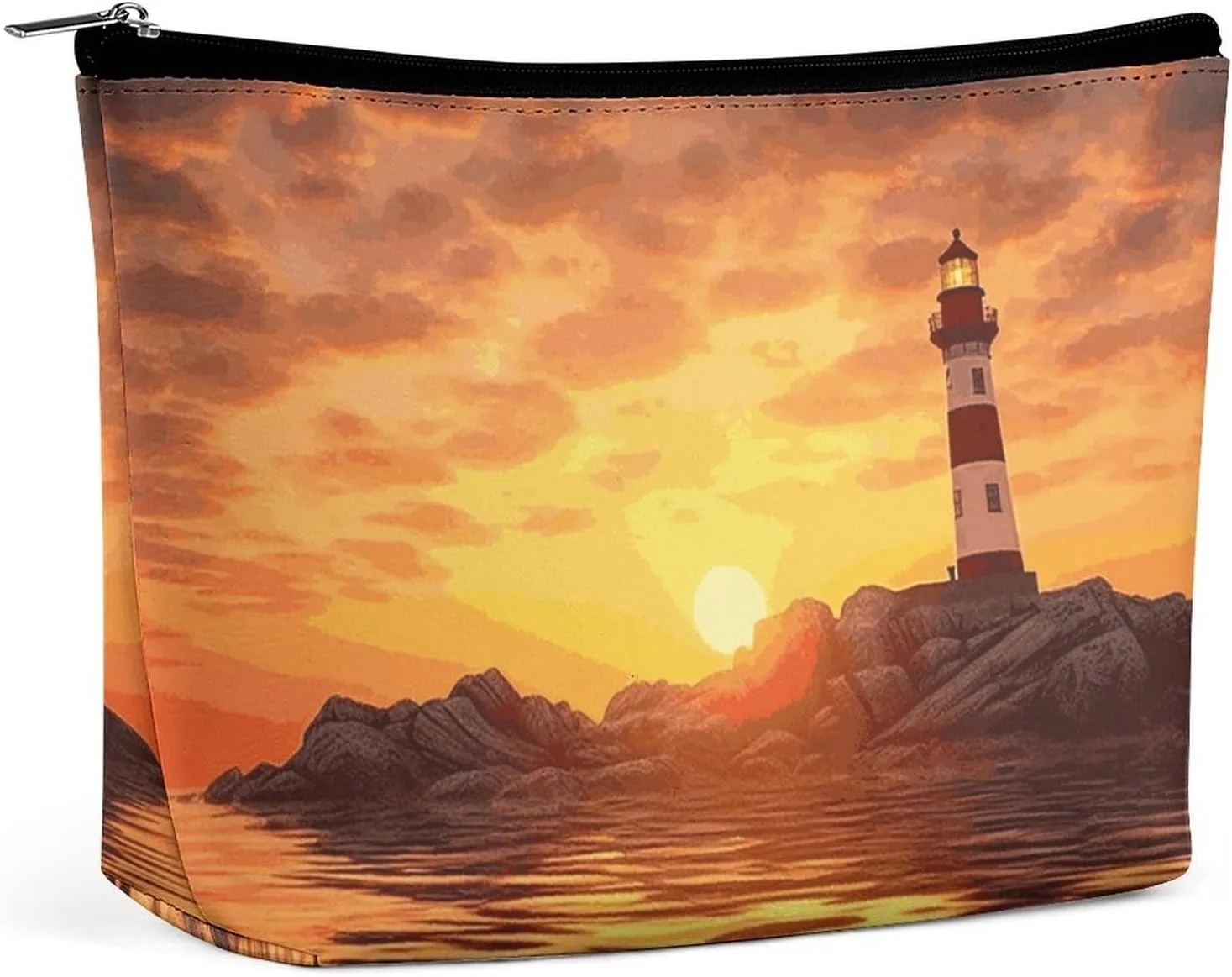 Sea Lighthouse in Sunset Travel Makeup Bag Large Toiletry Bag for Women Waterproof Cosmetic Bags for Purse Portable Makeup Organizer Bags Cute Zipper Pouch Cosmetic Pouch Funny Travel Makeupbag