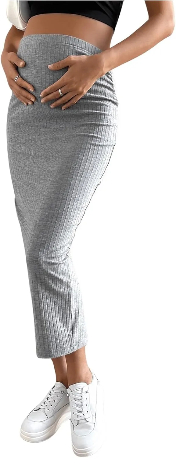SHENHE Women's Maternity Skirt Adjustable Rib Knit High Waist Split Pencil Long Skirt