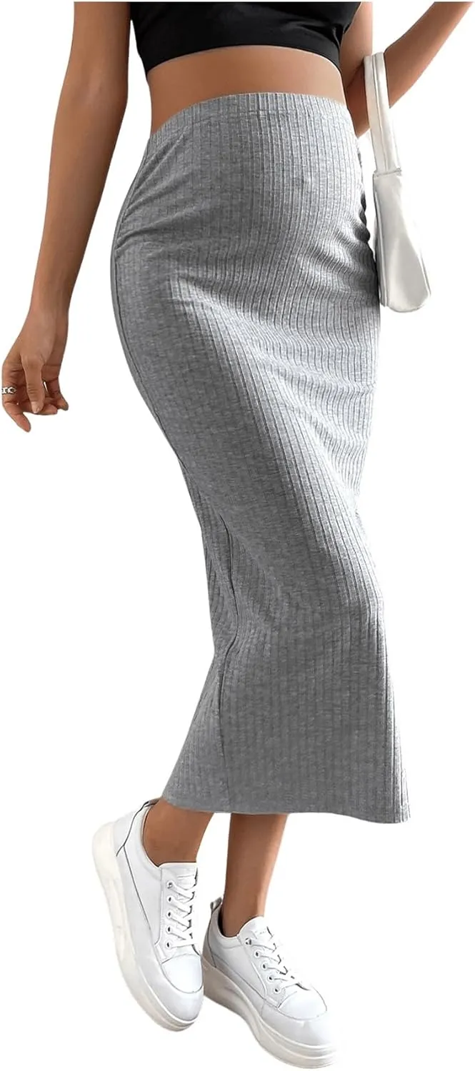 SHENHE Women's Maternity Skirt Adjustable Rib Knit High Waist Split Pencil Long Skirt