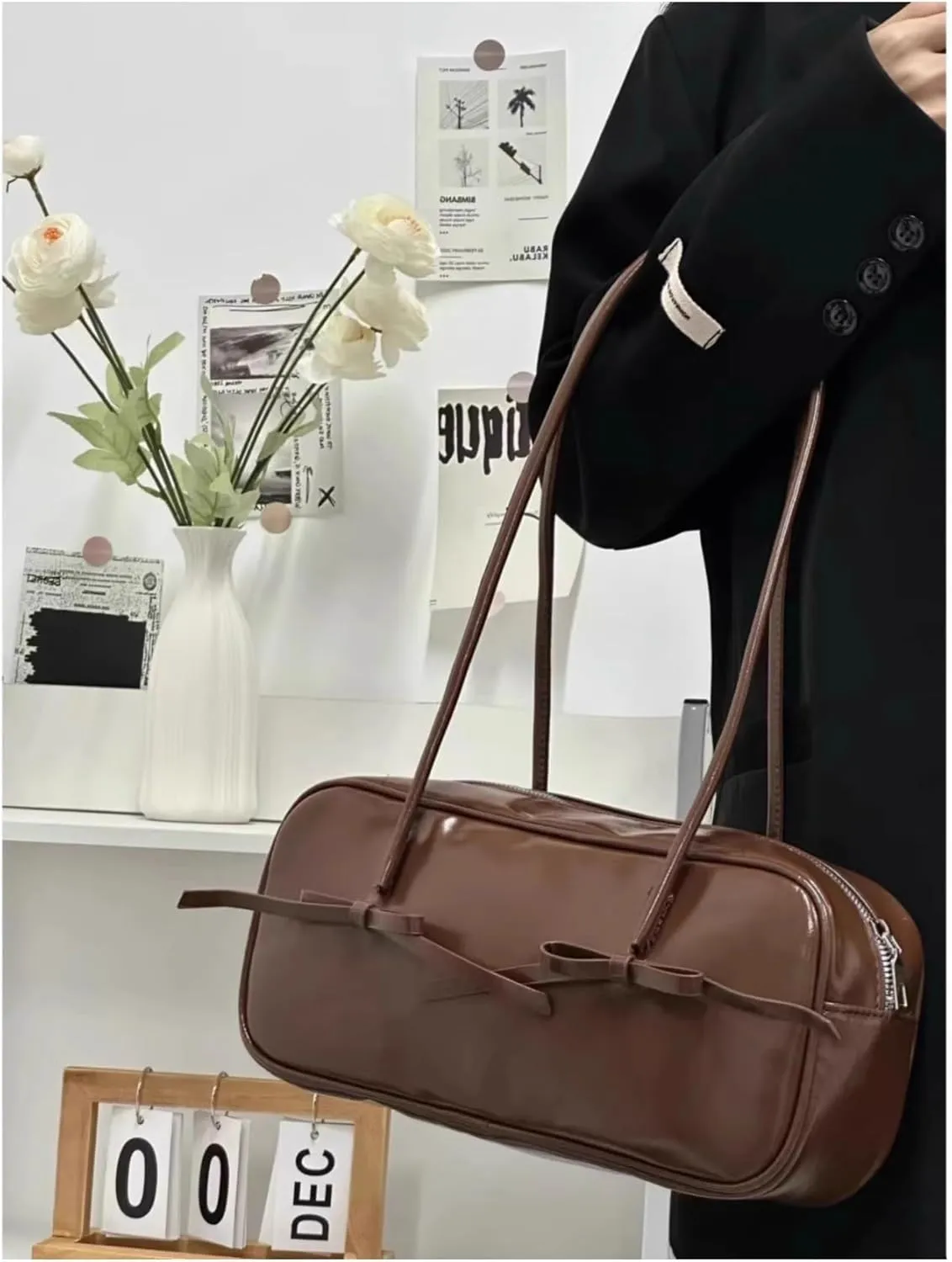 Shoulder Bag for Women with Bow Tie, Retro Swing Zip Shoulder Handbag - Top Handle Hobo Purse for Work/Travel/Shop