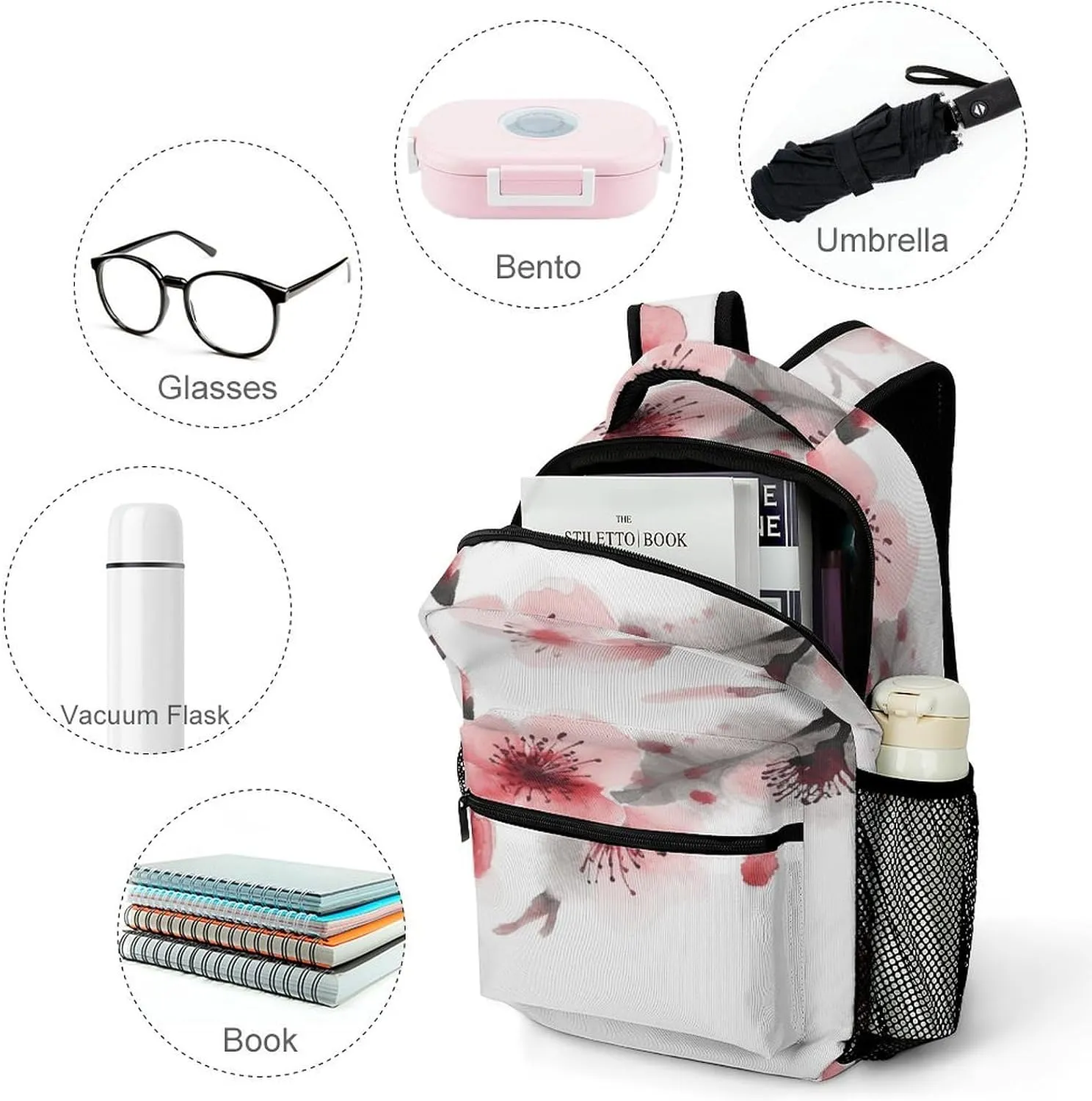 Small Backpacks Personalized Asian Watercolor Cherry Florals Printing Travel Bag Lightweight Travel Backpack For Women Men
