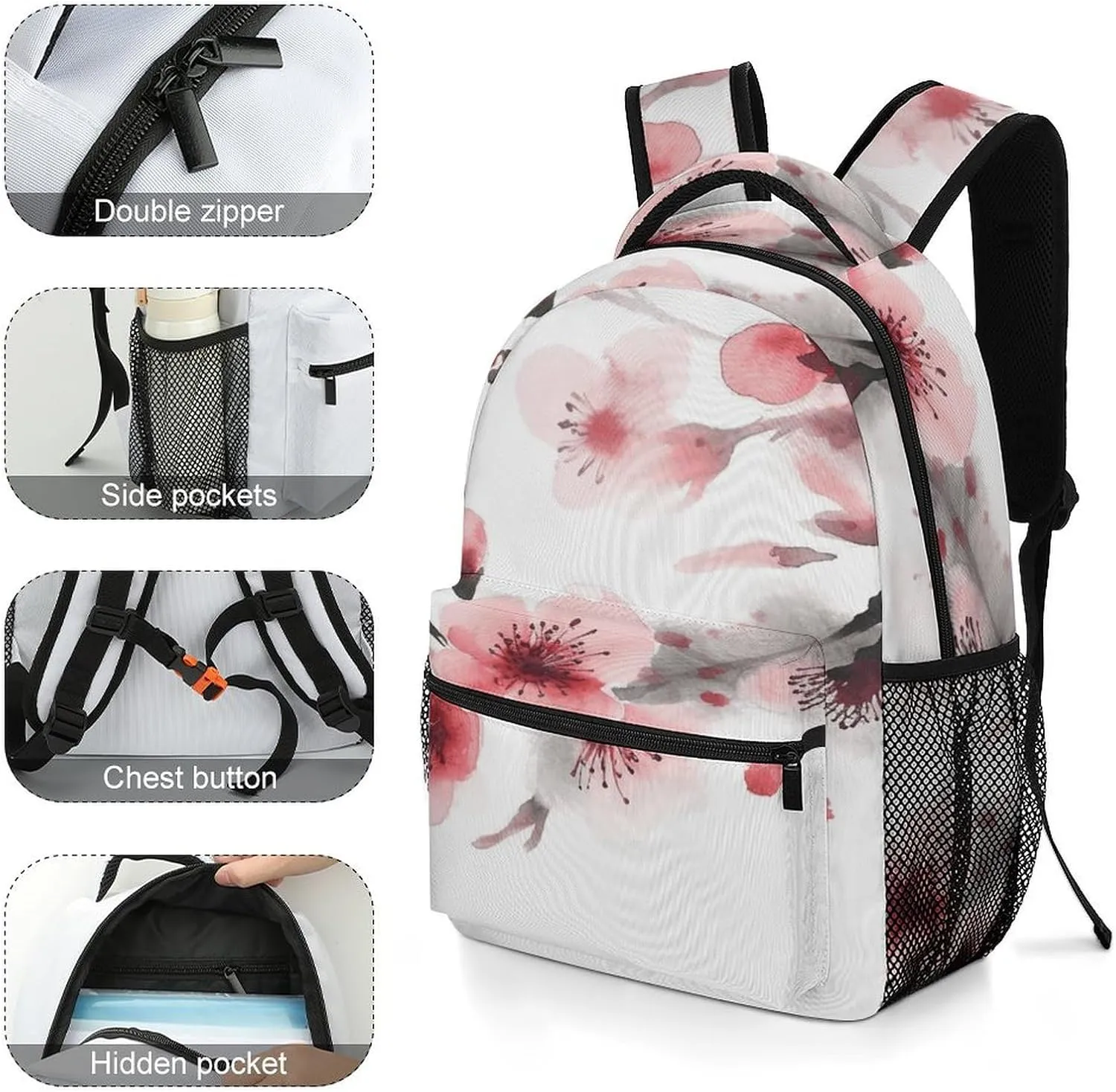 Small Backpacks Personalized Asian Watercolor Cherry Florals Printing Travel Bag Lightweight Travel Backpack For Women Men