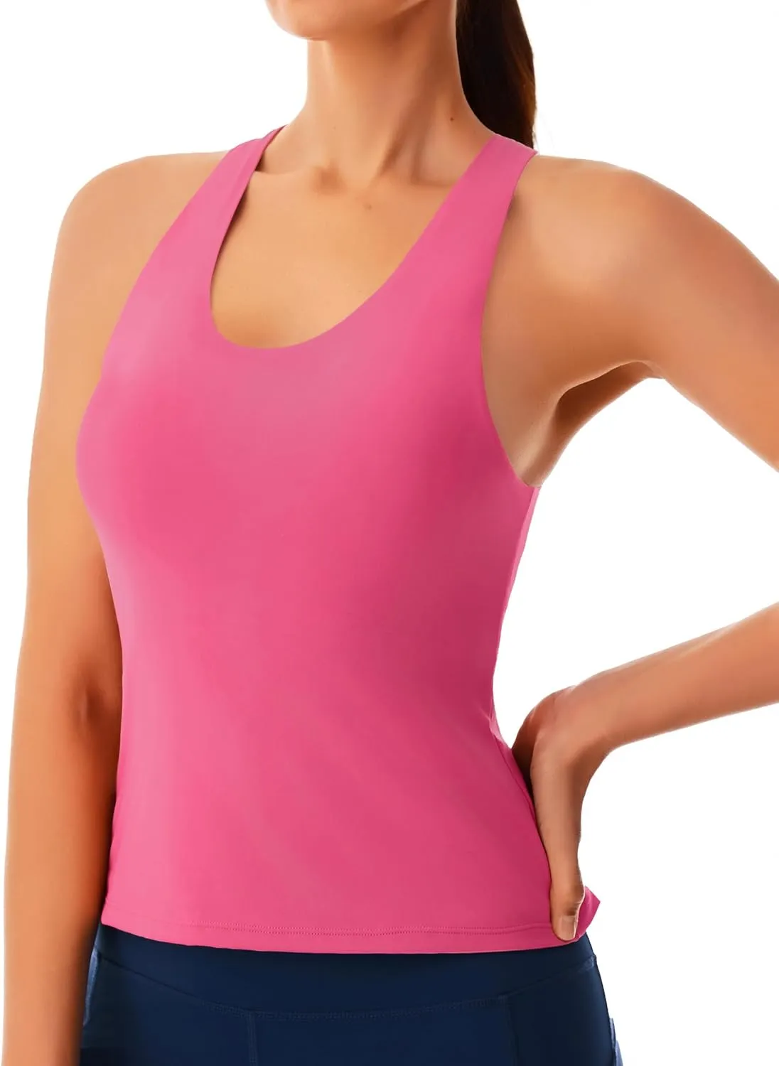 Smooth Workout Tank Top with Built-in Bra for Women Cross Back Athletic Yoga Tops Stretchy Sports Camisole for Gym Pilates