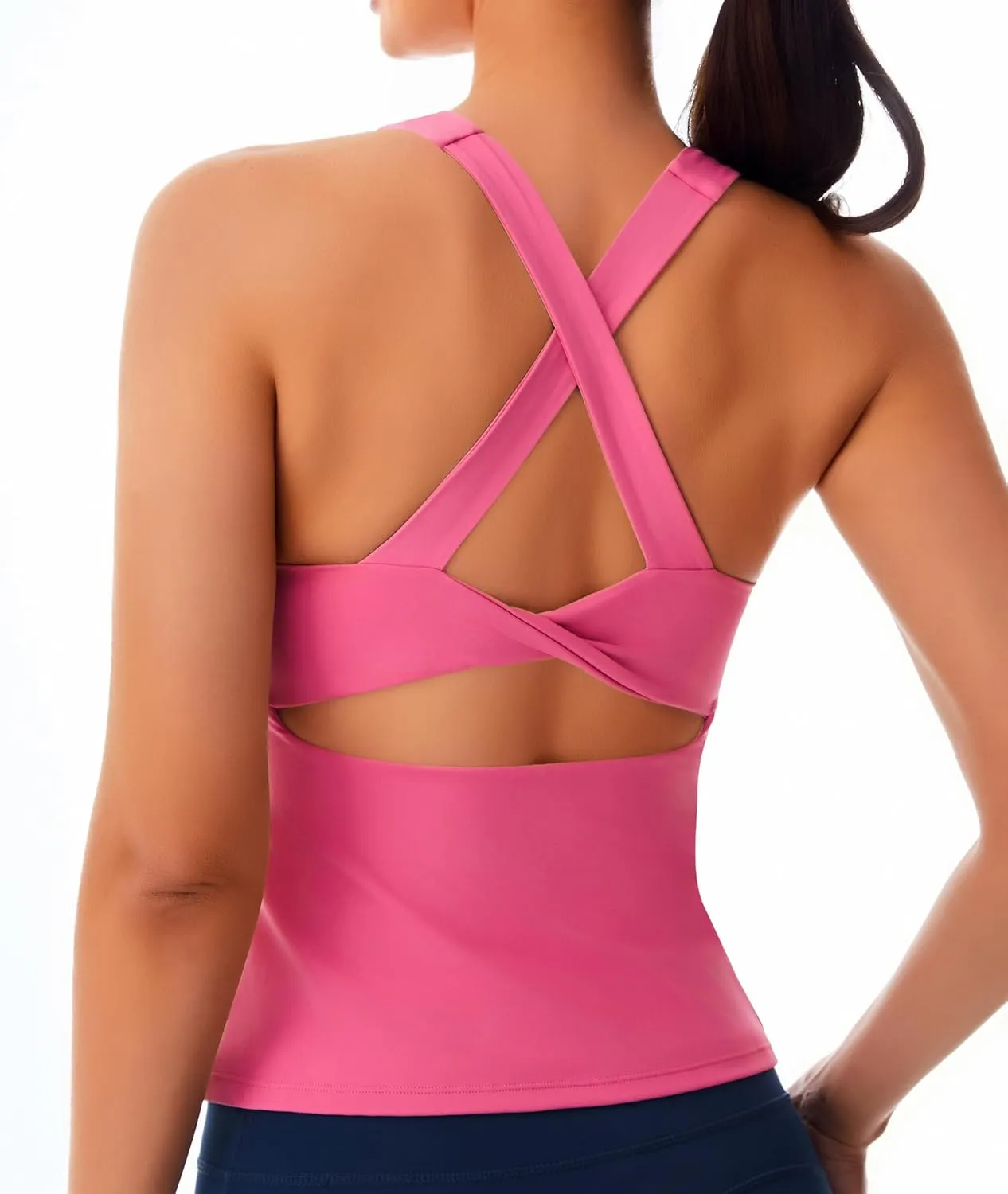 Smooth Workout Tank Top with Built-in Bra for Women Cross Back Athletic Yoga Tops Stretchy Sports Camisole for Gym Pilates