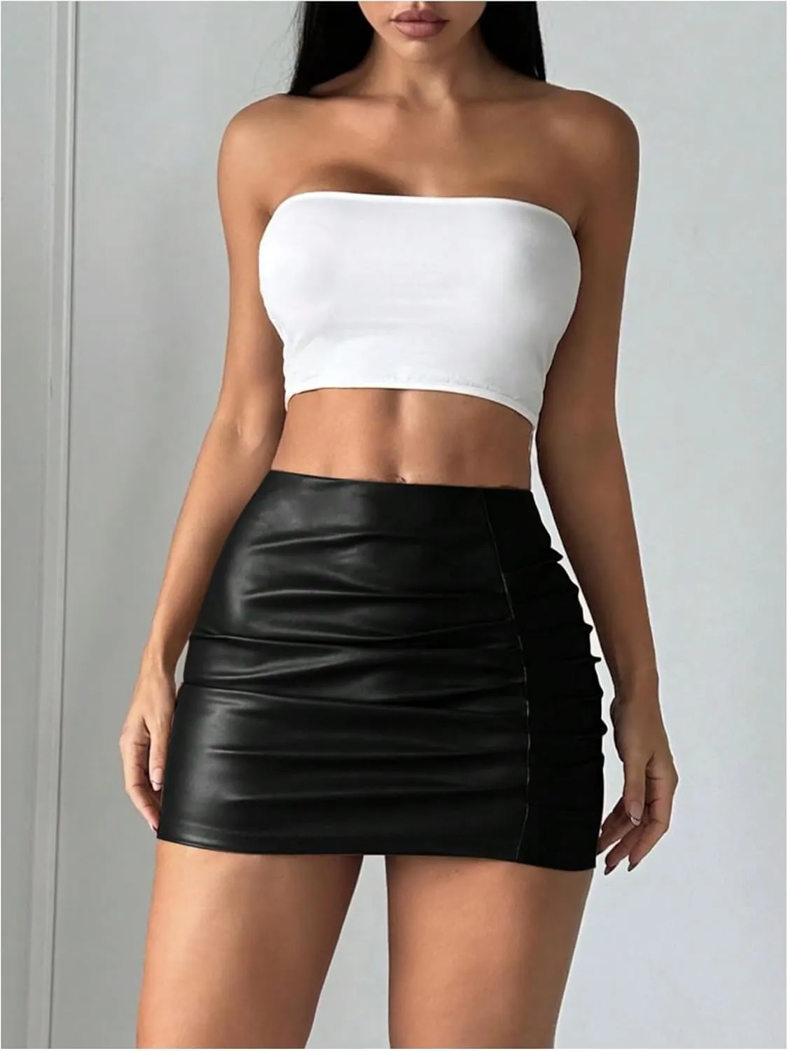 SOLY HUX Women's PU Leather Bodycon Skirt High Waisted Ruched Mini Skirts