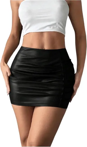 SOLY HUX Women's PU Leather Bodycon Skirt High Waisted Ruched Mini Skirts