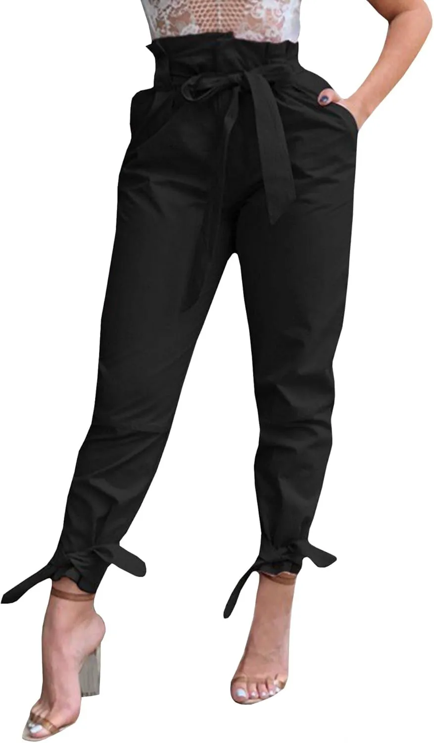 SOMTHRON Women's Casual Loose Paper Bag Long Pants High Waist Cropped Pencil Dressy Trouser with Pockets