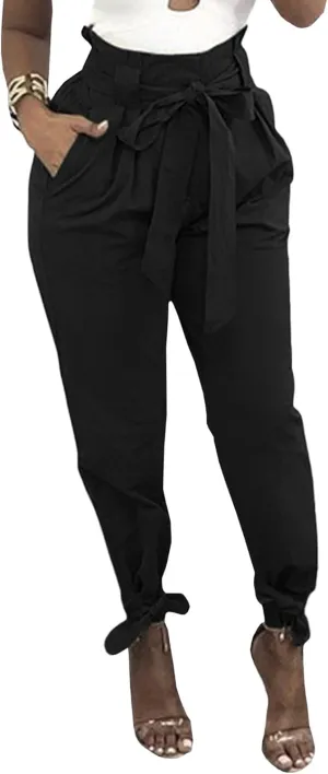 SOMTHRON Women's Casual Loose Paper Bag Long Pants High Waist Cropped Pencil Dressy Trouser with Pockets