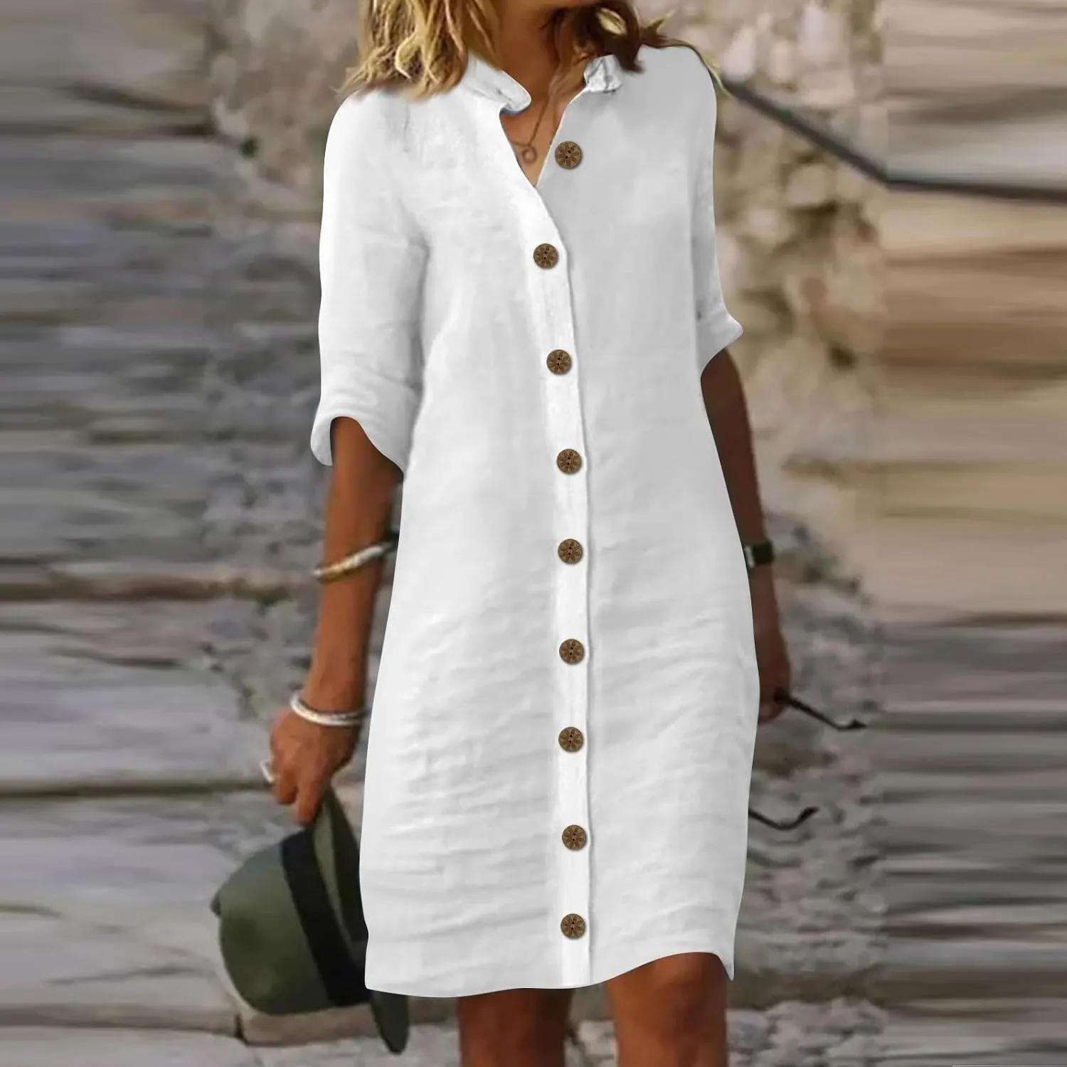 Summer Dresses for Women 2024 Casual Button Down Midi Shirt Dress Beach Half Sleeve V Neck Knee Length Dress