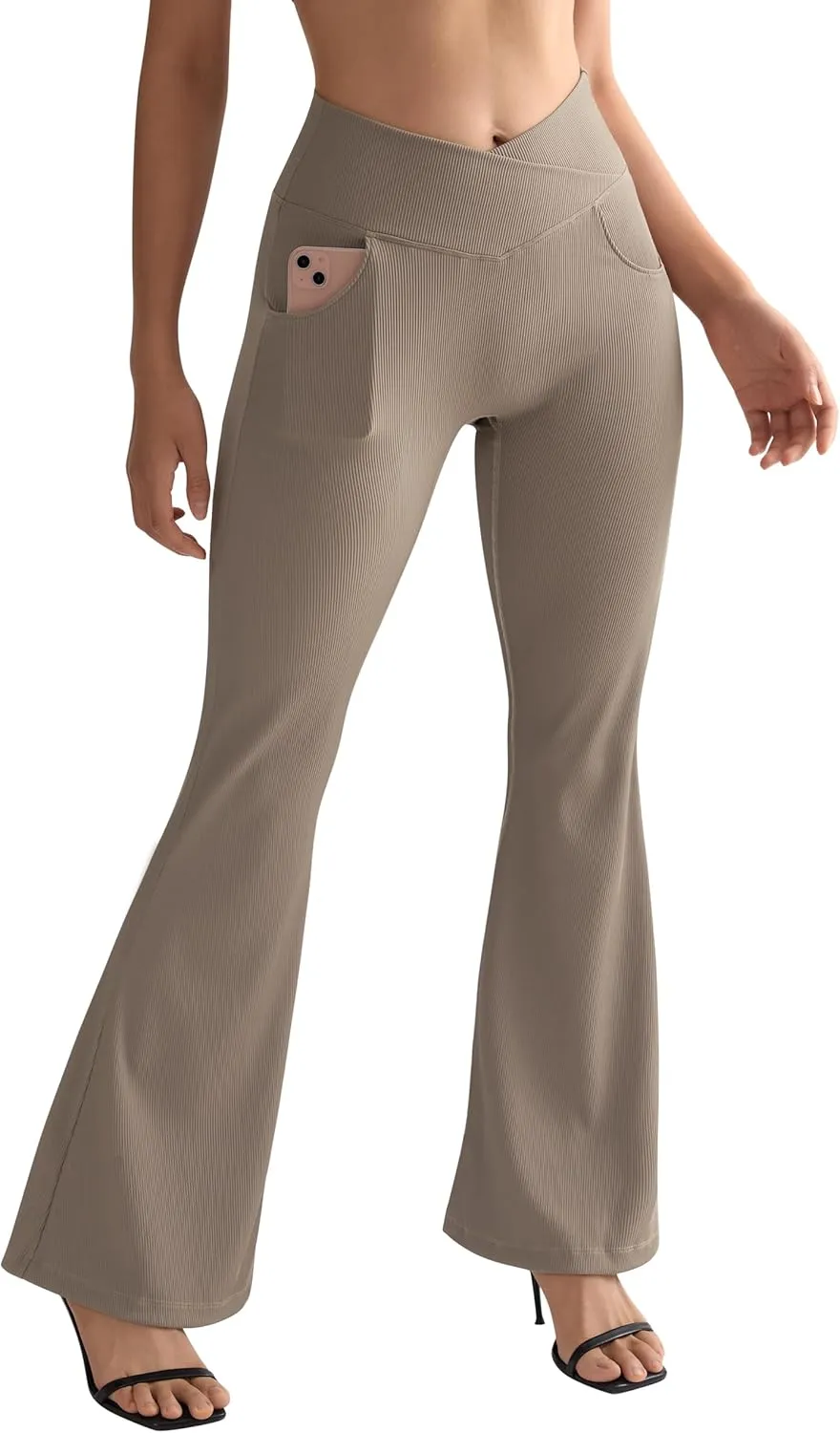 SUUKSESS Women Ribbed Crossover Flare Leggings V Back Yoga Pants with Pockets