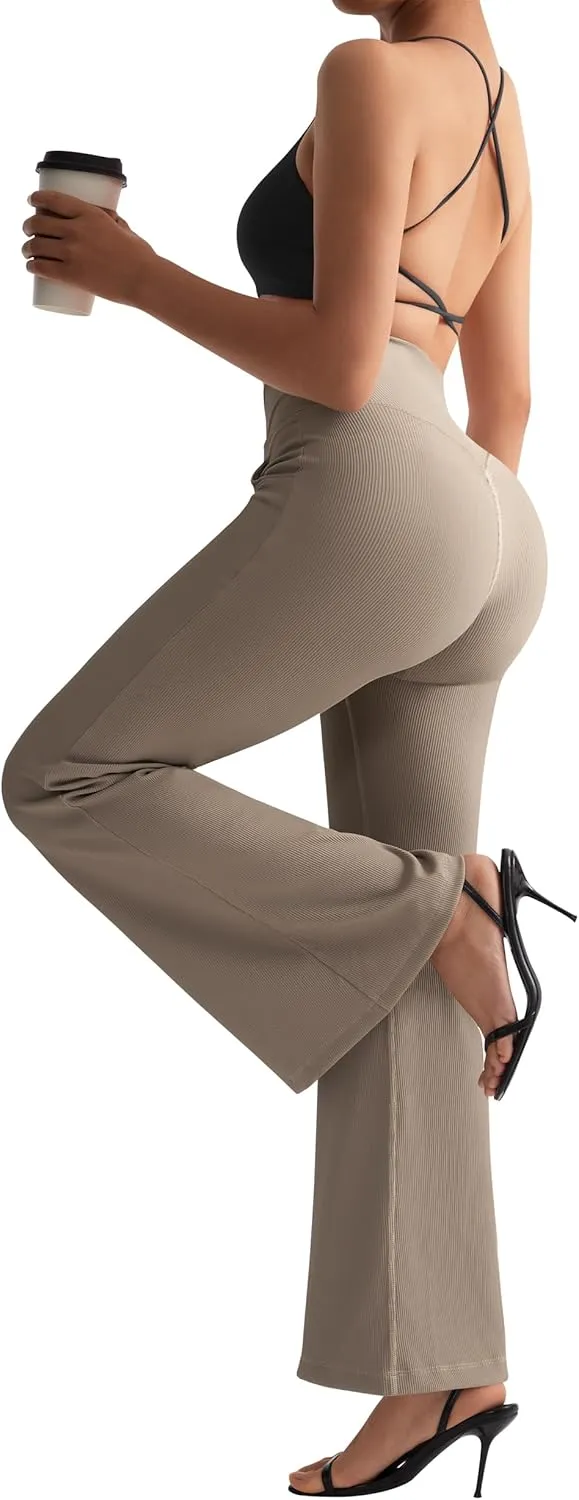 SUUKSESS Women Ribbed Crossover Flare Leggings V Back Yoga Pants with Pockets
