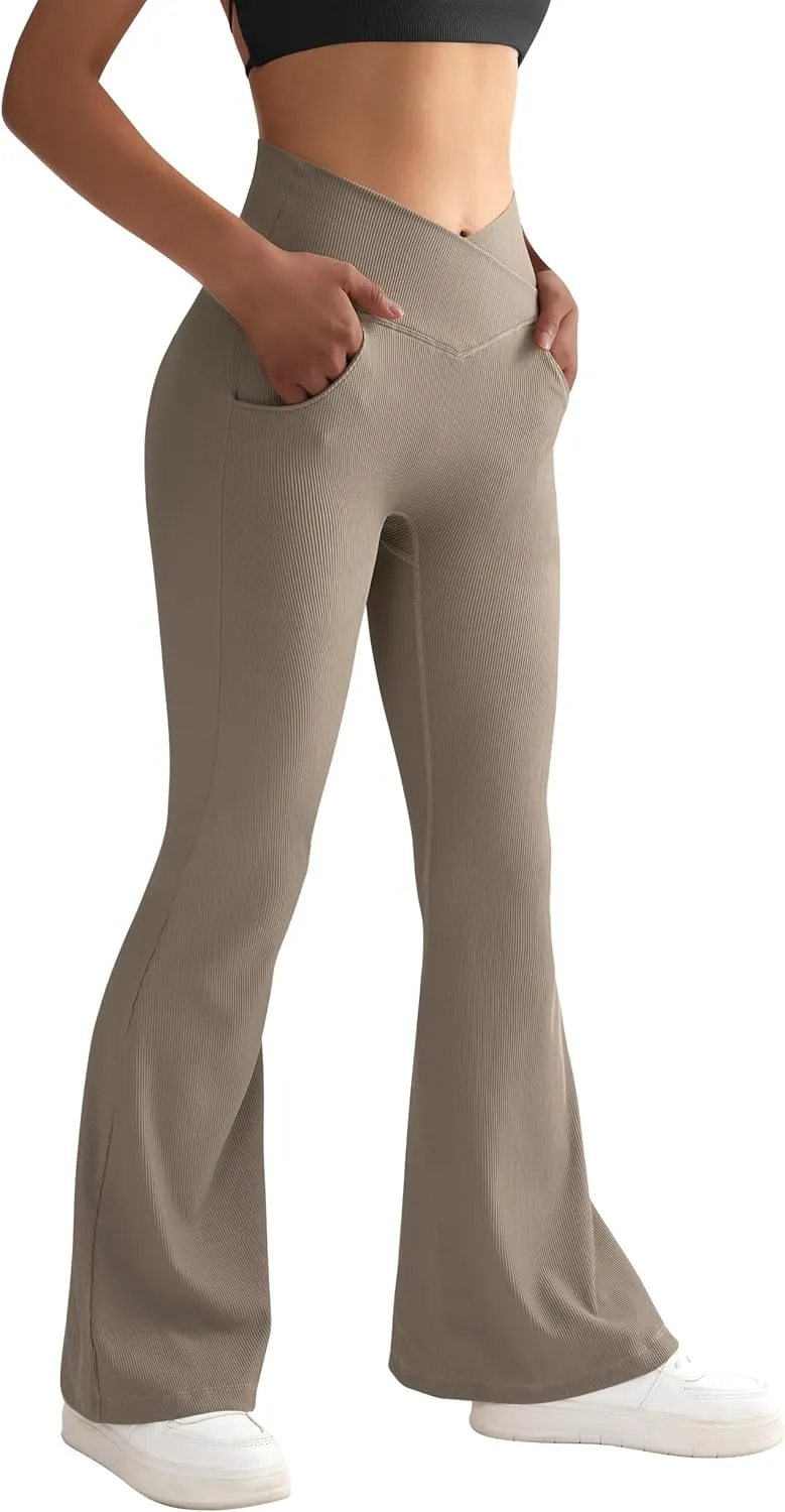 SUUKSESS Women Ribbed Crossover Flare Leggings V Back Yoga Pants with Pockets
