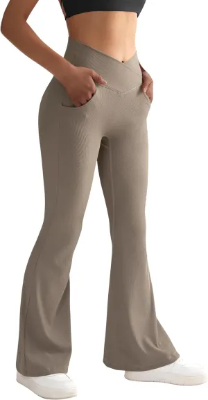 SUUKSESS Women Ribbed Crossover Flare Leggings V Back Yoga Pants with Pockets