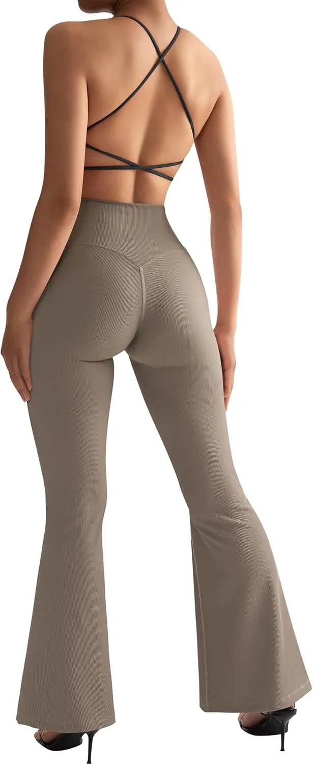 SUUKSESS Women Ribbed Crossover Flare Leggings V Back Yoga Pants with Pockets