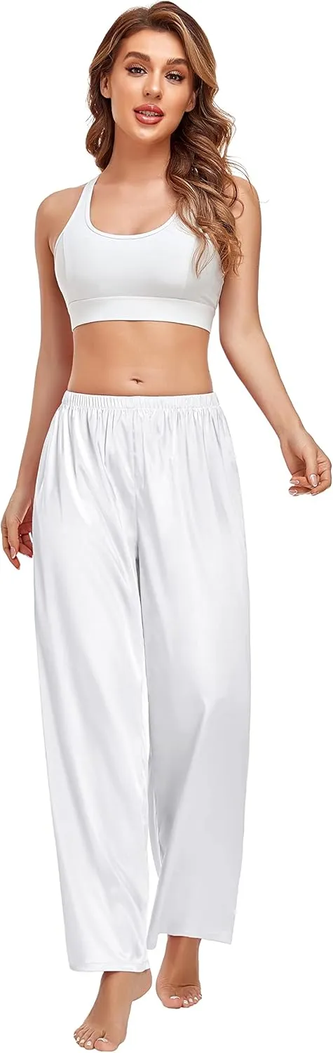 SWOMOG Women's Silk Satin Pajama Pants Longs Silky Sleep Pants Loungewear Trousers Elastic Waist Lounge Pj Bottoms