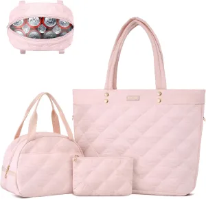 TAKUMI Tote Bag for Women, Lightweight Quilted Puffer Bag with Zippers, Laptop Tote Bag, Purse for Work, Gym, Travel, 3pcs