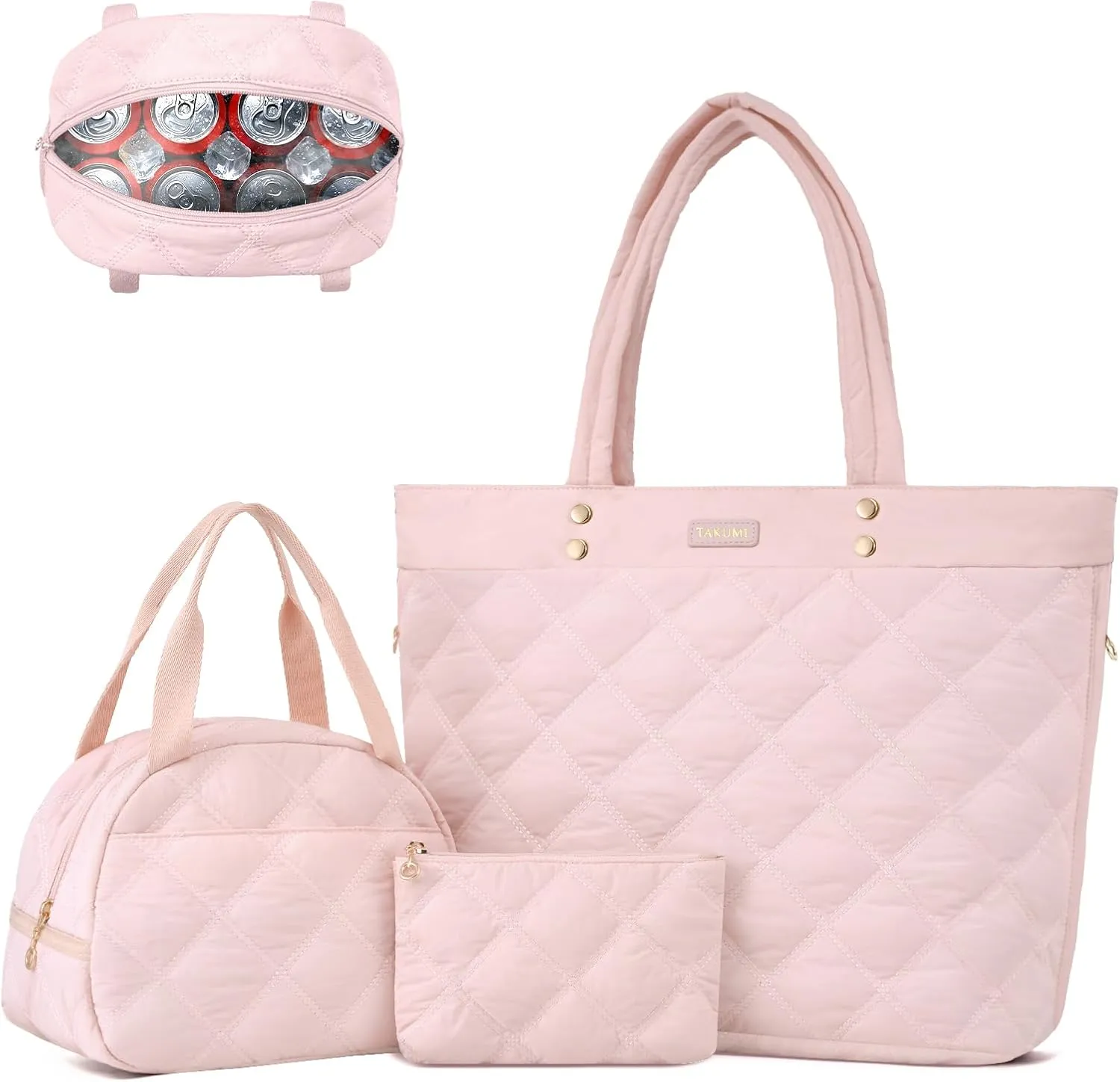 TAKUMI Tote Bag for Women, Lightweight Quilted Puffer Bag with Zippers, Laptop Tote Bag, Purse for Work, Gym, Travel, 3pcs