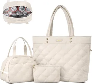 TAKUMI Tote Bag for Women,Lightweight Quilted Puffer Tote Bag with Zippers,Laptop Tote Bag,Purse for Work,Gym,Travel,3pcs