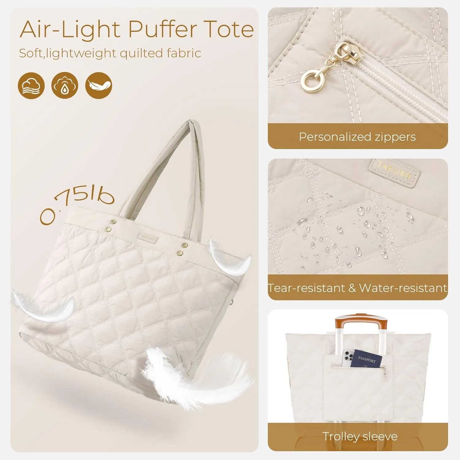 TAKUMI Tote Bag for Women,Lightweight Quilted Puffer Tote Bag with Zippers,Laptop Tote Bag,Purse for Work,Gym,Travel,3pcs