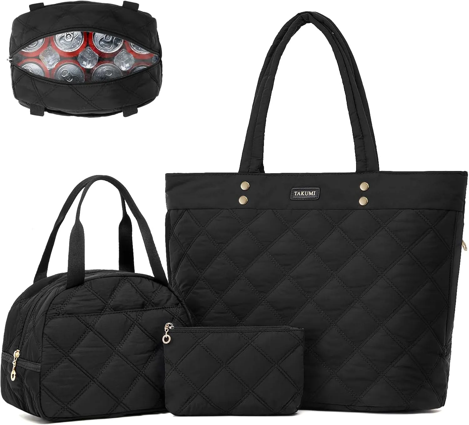 TAKUMI Tote Bag for Women,Lightweight Quilted Puffer Tote Bag with Zippers,Laptop Tote Bag,Purse for Work,Gym,Travel,3pcs