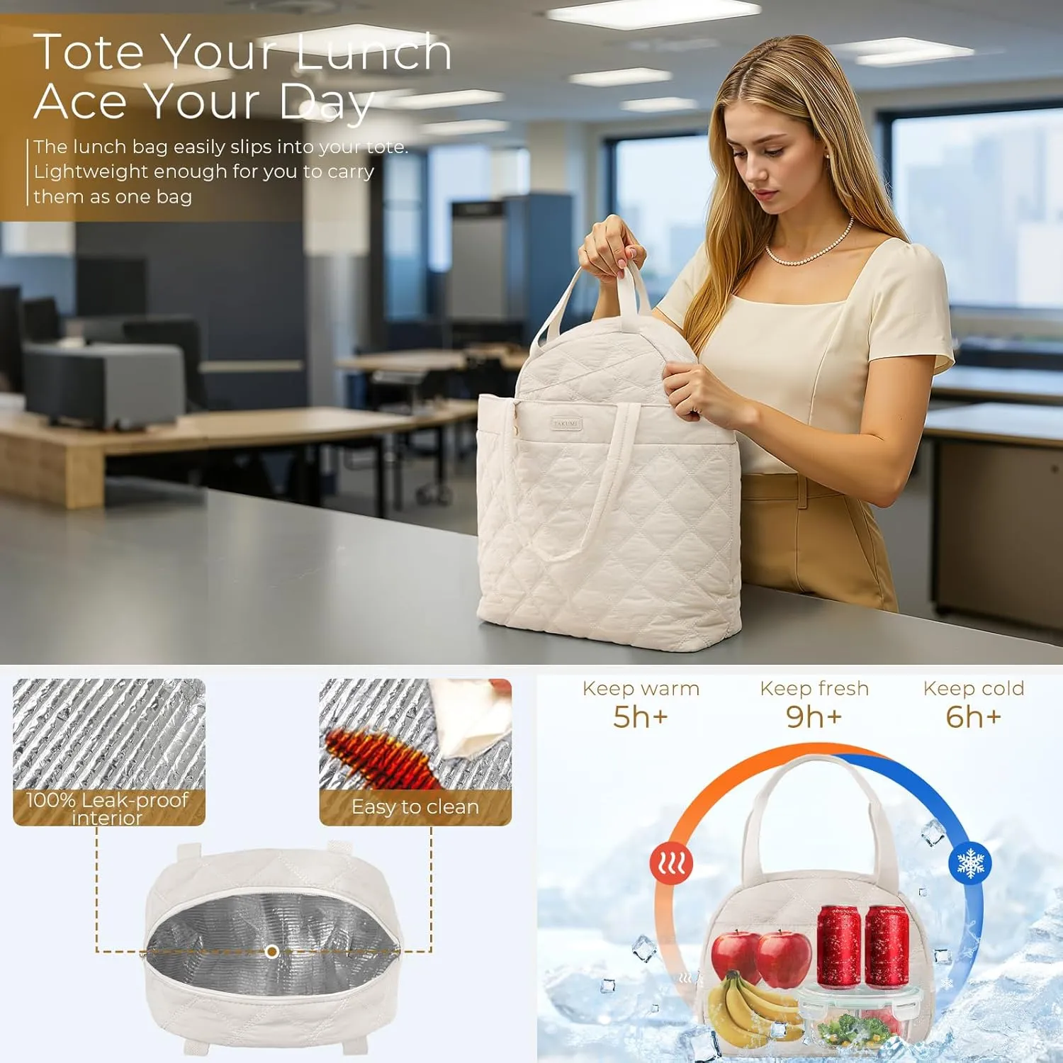 TAKUMI Tote Bag for Women,Lightweight Quilted Puffer Tote Bag with Zippers,Laptop Tote Bag,Purse for Work,Gym,Travel,3pcs