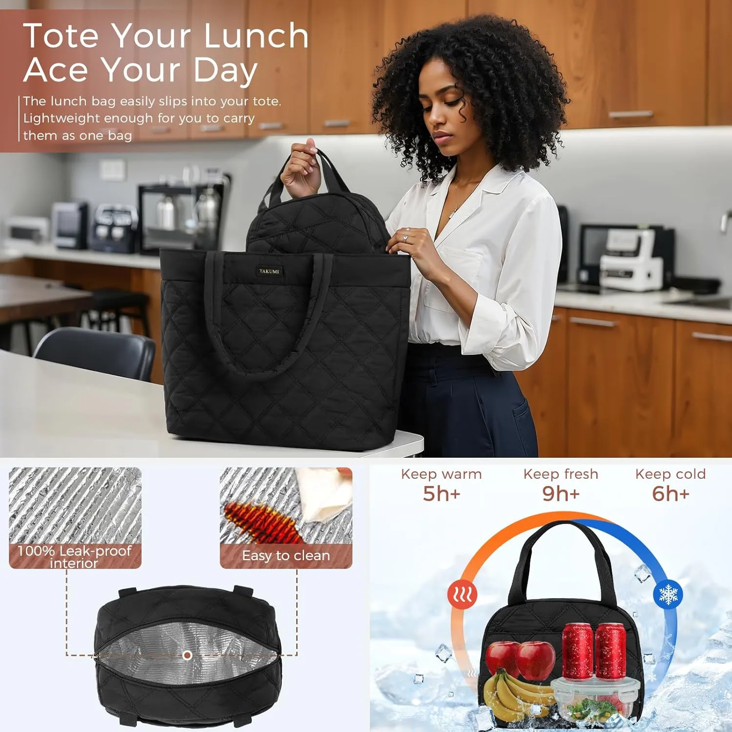 TAKUMI Tote Bag for Women,Lightweight Quilted Puffer Tote Bag with Zippers,Laptop Tote Bag,Purse for Work,Gym,Travel,3pcs