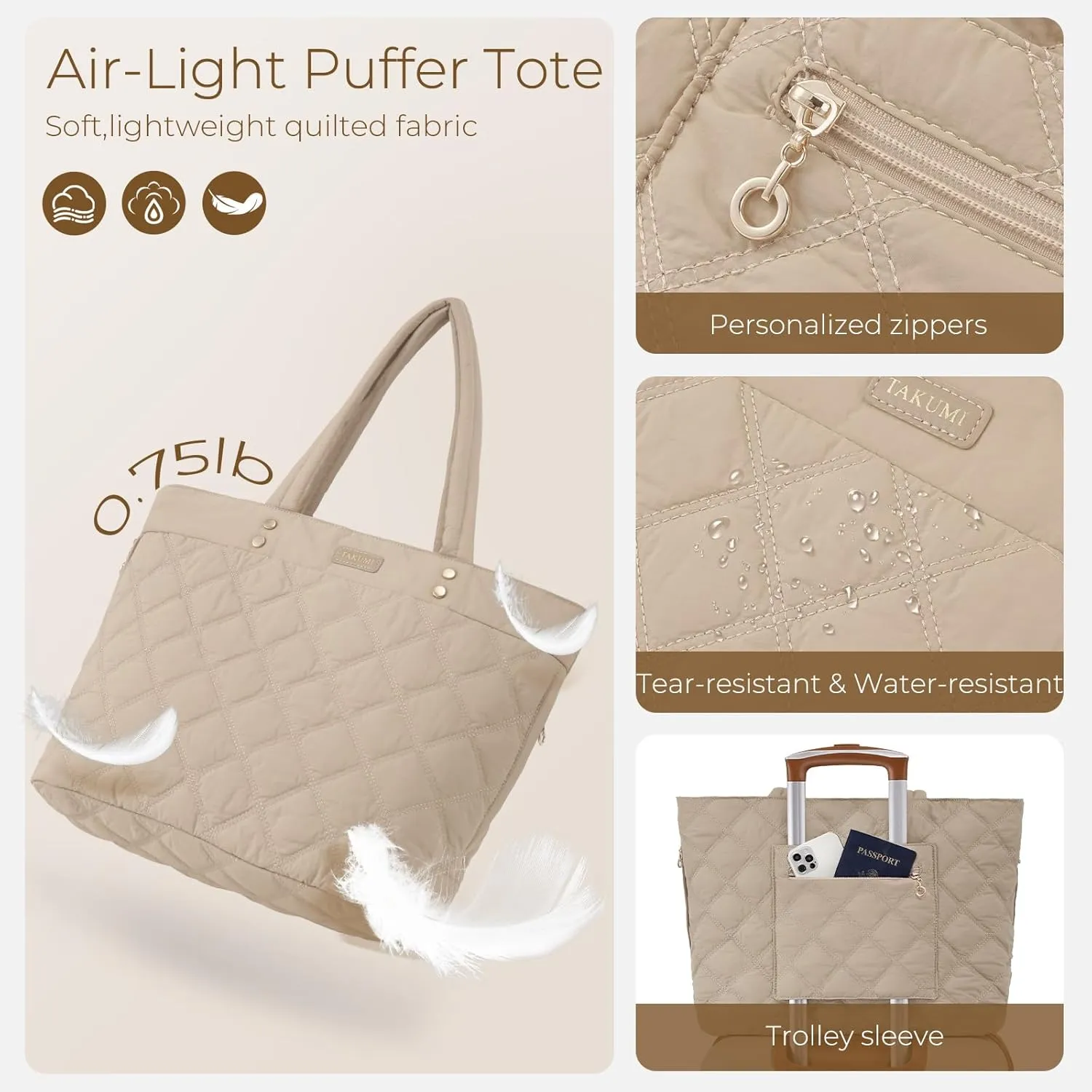 TAKUMI Tote Bag for Women,Lightweight Quilted Puffer Tote Bag with Zippers,Laptop Tote Bag,Purse for Work,Gym,Travel,3pcs