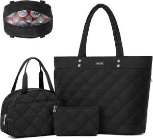 TAKUMI Tote Bag for Women,Lightweight Quilted Puffer Tote Bag with Zippers,Laptop Tote Bag,Purse for Work,Gym,Travel,3pcs
