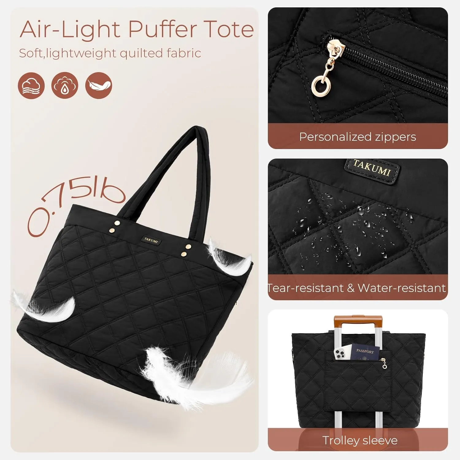 TAKUMI Tote Bag for Women,Lightweight Quilted Puffer Tote Bag with Zippers,Laptop Tote Bag,Purse for Work,Gym,Travel,3pcs