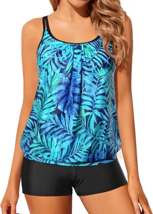 Tempt Me Women Two Piece Tankini Swimsuits Blouson Modest Swim Top Boyshort Bathing Suits