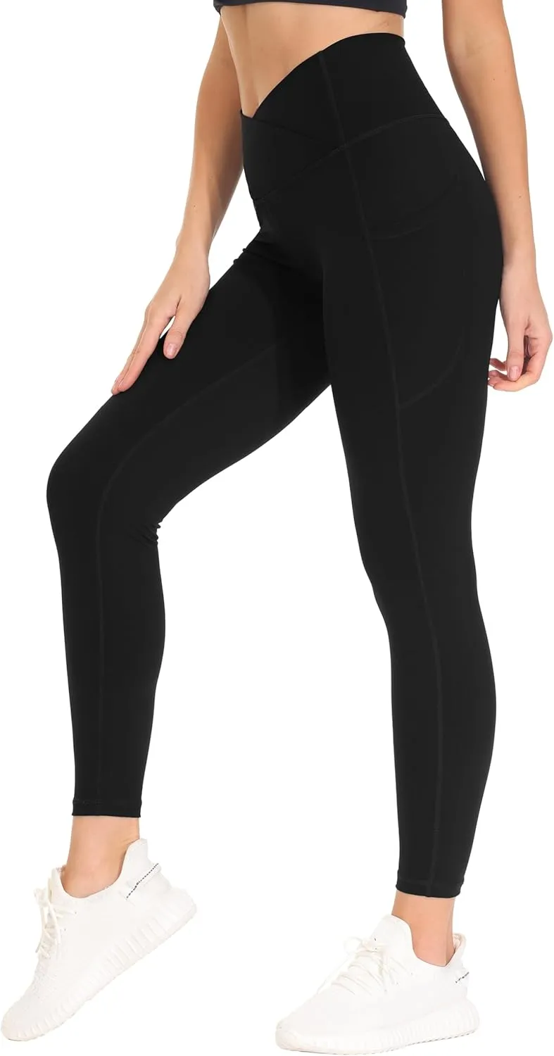 THE GYM PEOPLE Women's Cross Waist Workout Leggings Tummy Control High Waisted Athletic Yoga Pants with Pockets