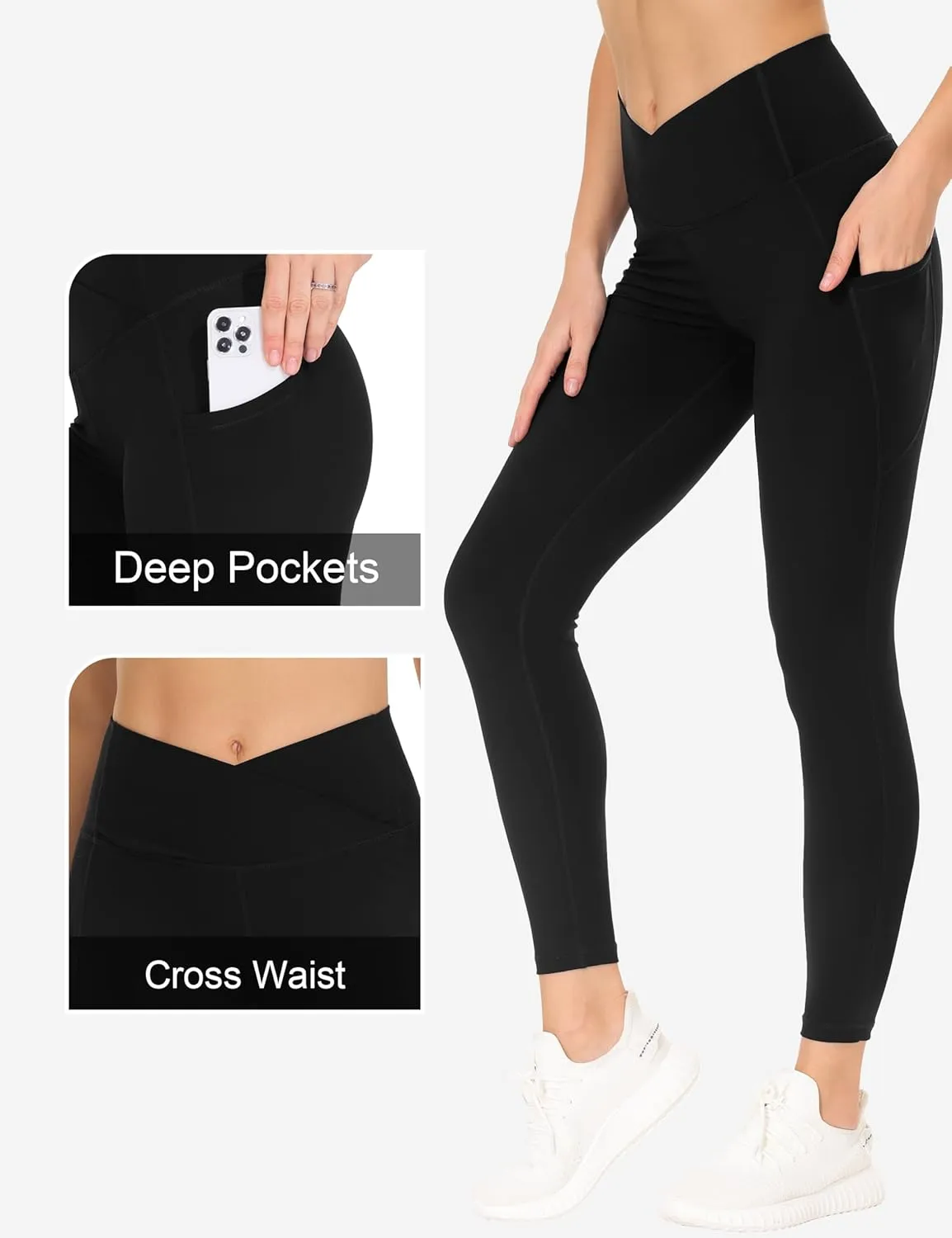 THE GYM PEOPLE Women's Cross Waist Workout Leggings Tummy Control High Waisted Athletic Yoga Pants with Pockets
