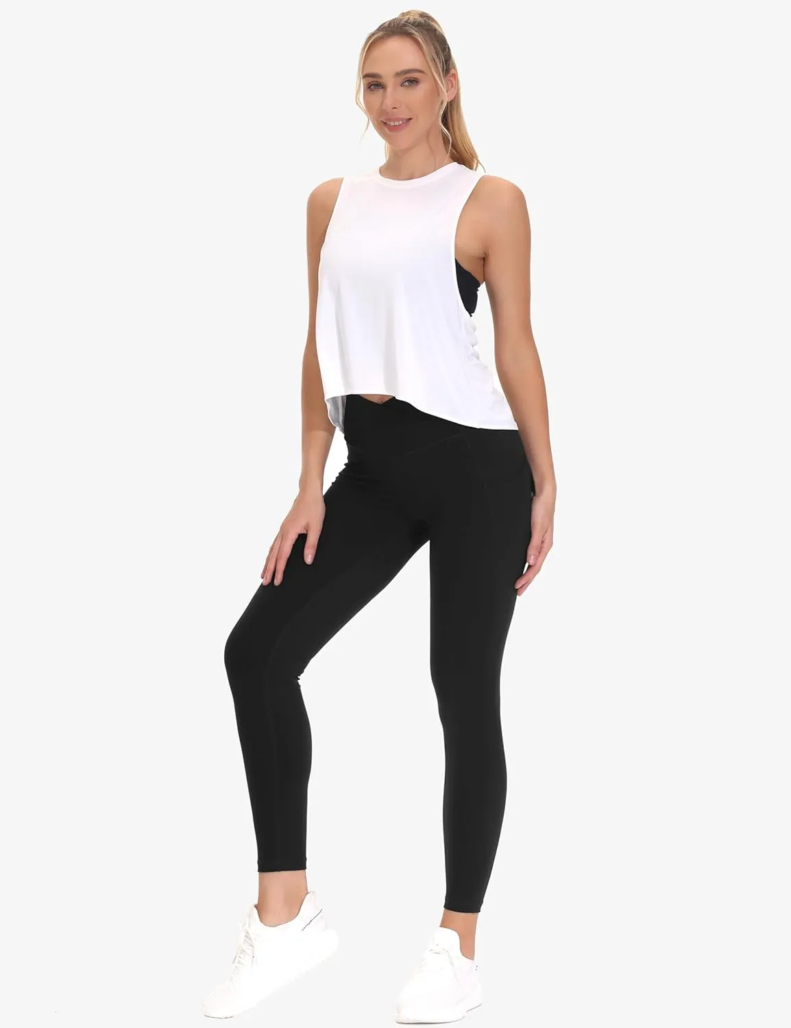 THE GYM PEOPLE Women's Cross Waist Workout Leggings Tummy Control High Waisted Athletic Yoga Pants with Pockets