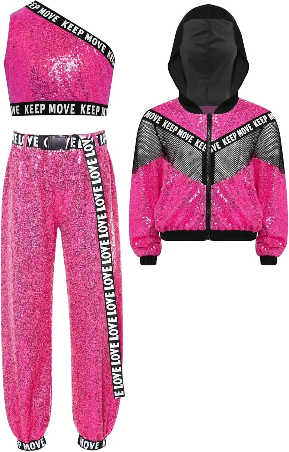 TiaoBug 3Pcs Girls Jazz Dance Outfits Sequin Zip Up Hooded Jacket Cropped Vest with Harem Pants Set