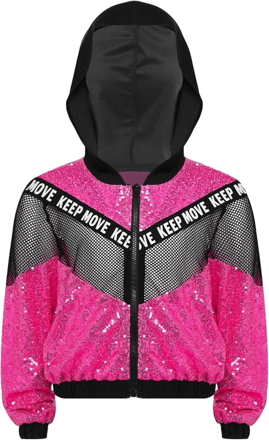 TiaoBug 3Pcs Girls Jazz Dance Outfits Sequin Zip Up Hooded Jacket Cropped Vest with Harem Pants Set