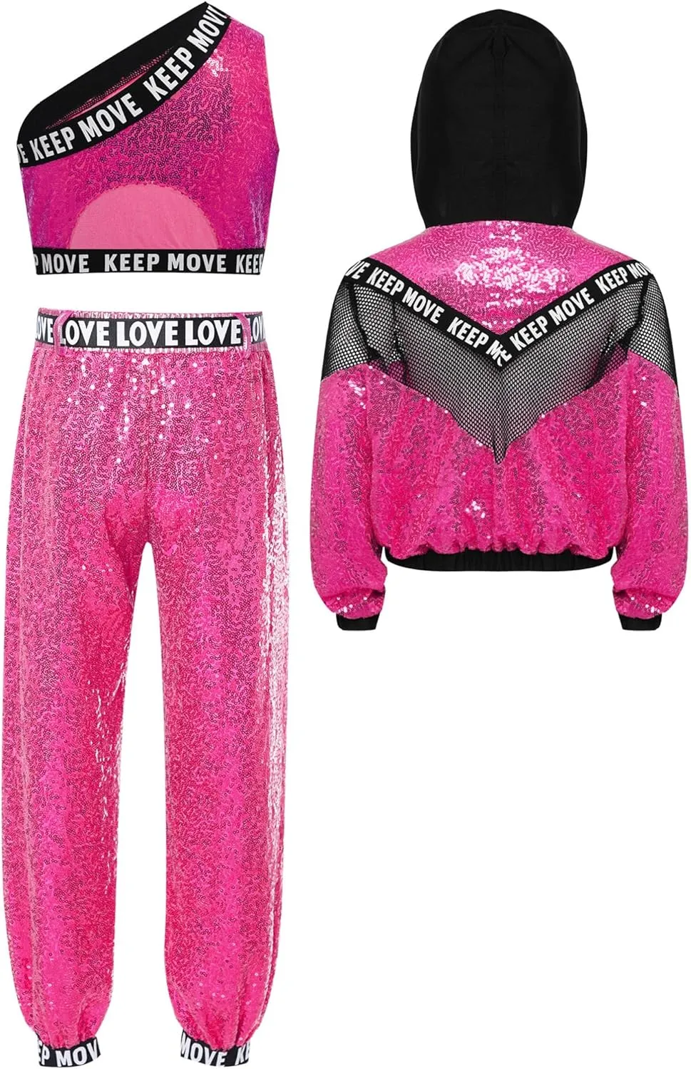 TiaoBug 3Pcs Girls Jazz Dance Outfits Sequin Zip Up Hooded Jacket Cropped Vest with Harem Pants Set