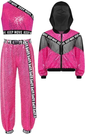 TiaoBug 3Pcs Girls Jazz Dance Outfits Sequin Zip Up Hooded Jacket Cropped Vest with Harem Pants Set
