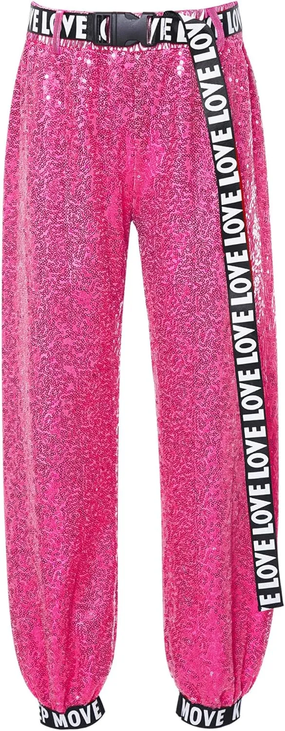 TiaoBug 3Pcs Girls Jazz Dance Outfits Sequin Zip Up Hooded Jacket Cropped Vest with Harem Pants Set