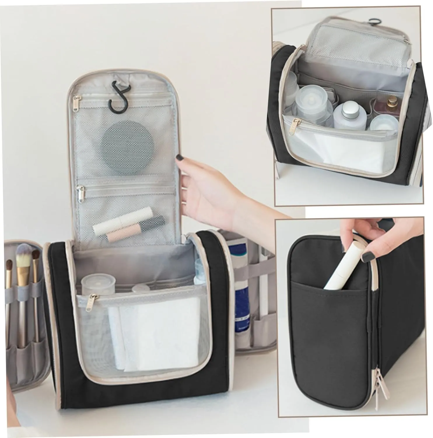 Toiletry Bags Large Capacity Cosmetic Travel Bag Portable Makeup Bag With Hook  Handle Hanging Makeup Organizer With Side Pockets For Fill Size Toiletries Black