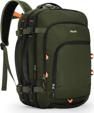 Tolaccea Travel Backpack, TSA Friendly Flight Approved Carry-on Luggage Water-resistant Business Rucksack, Durable Large Computer Bag Daypack Fits 15.6 Inch Laptop, 35-45L Expandable - Green