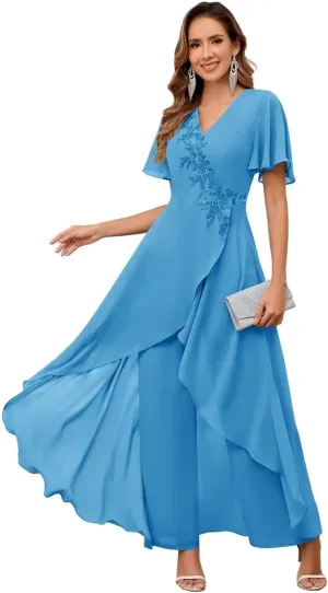 TORYEMY Mother of The Bride Pant Suits for Wedding Chiffon Lace Appliques Short Sleeve Pant Suits for Women Dressy with Bead