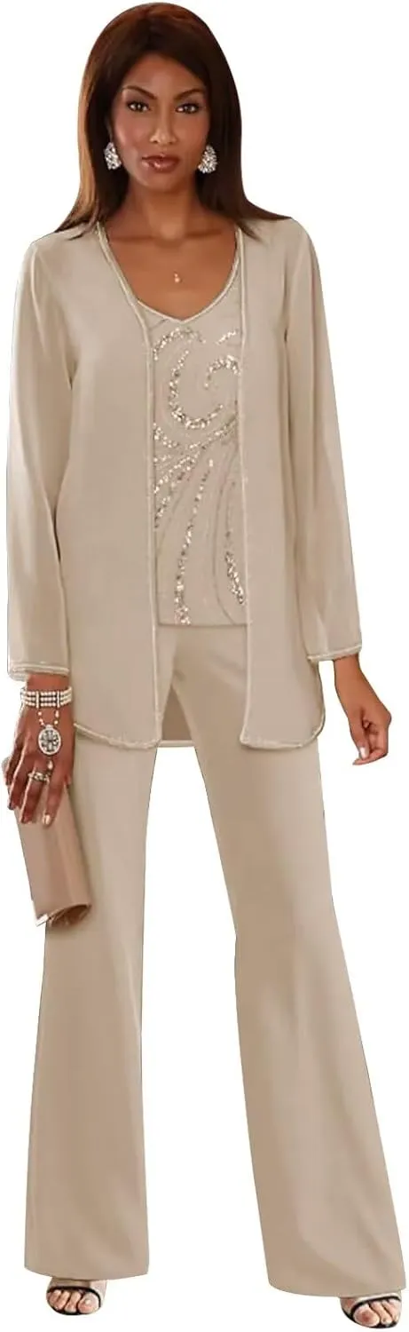 TORYEMY Mother of The Bride Pant Suits for Wedding Chiffon Sequin Long Sleeve Formal Evening Outfit with Bead