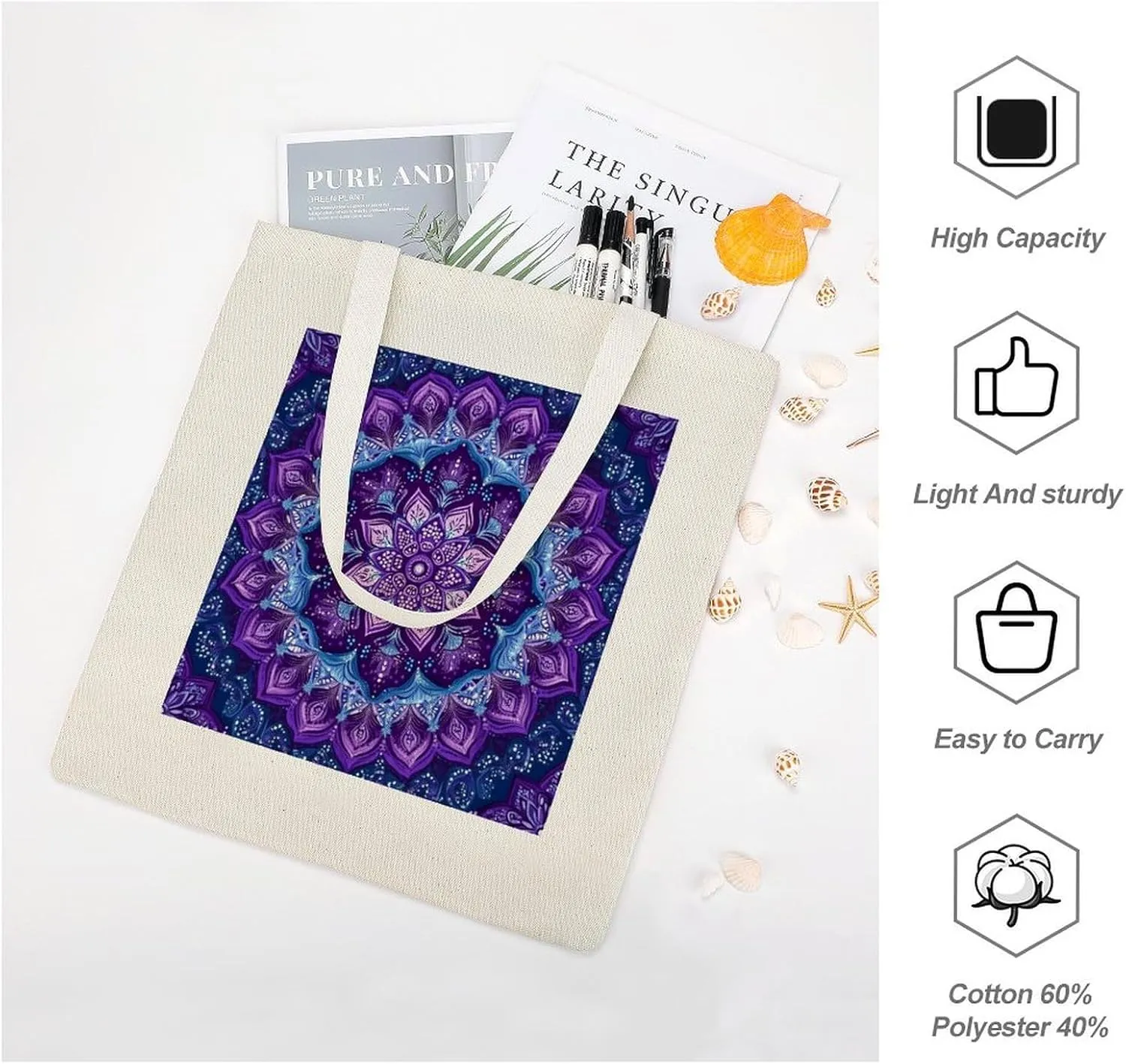 Tote Canvas Bag Purple And Blue Mandala Reusable Shoulder Tote Bag Abstract Flower for Shopping Gym