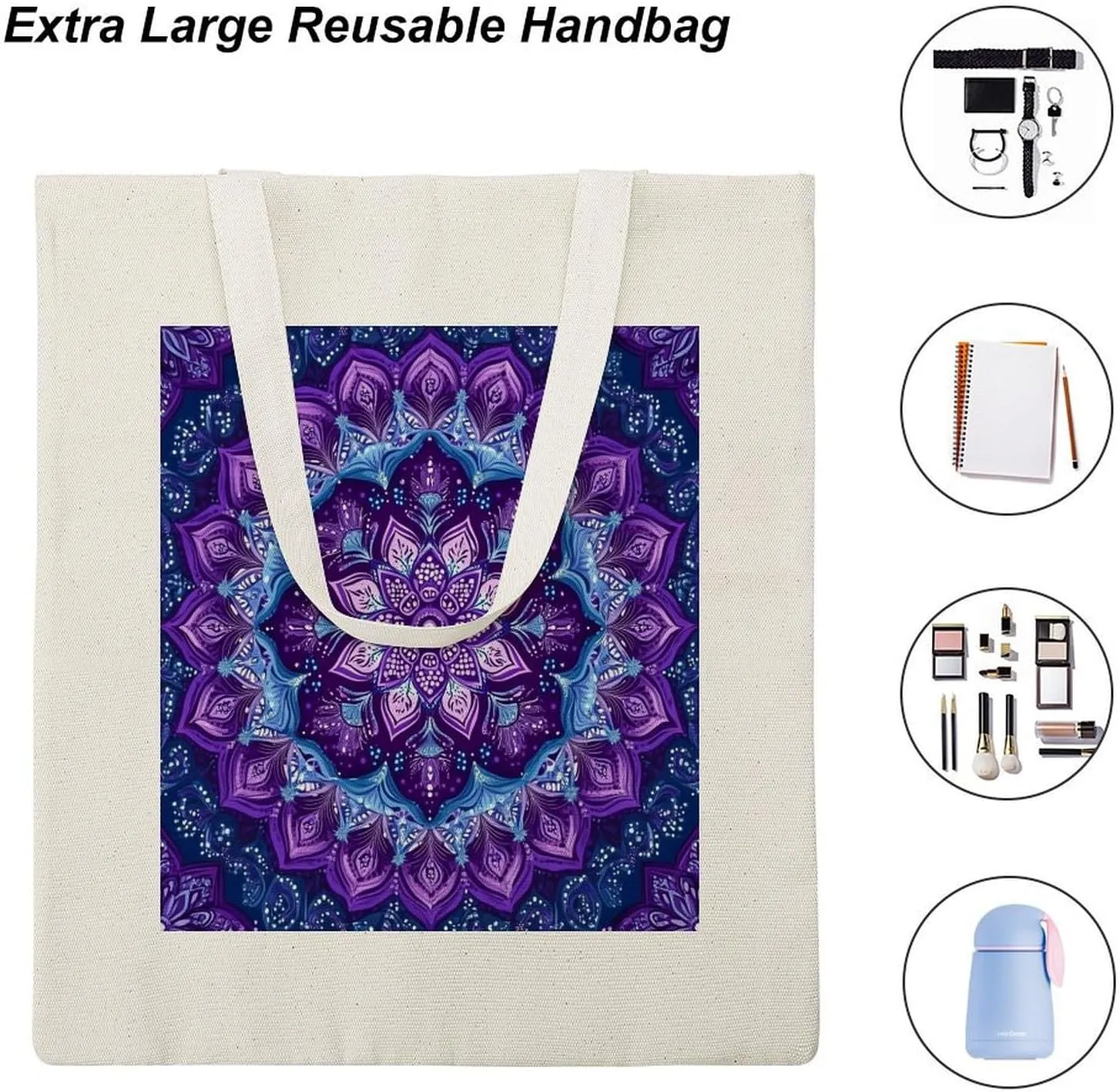 Tote Canvas Bag Purple And Blue Mandala Reusable Shoulder Tote Bag Abstract Flower for Shopping Gym