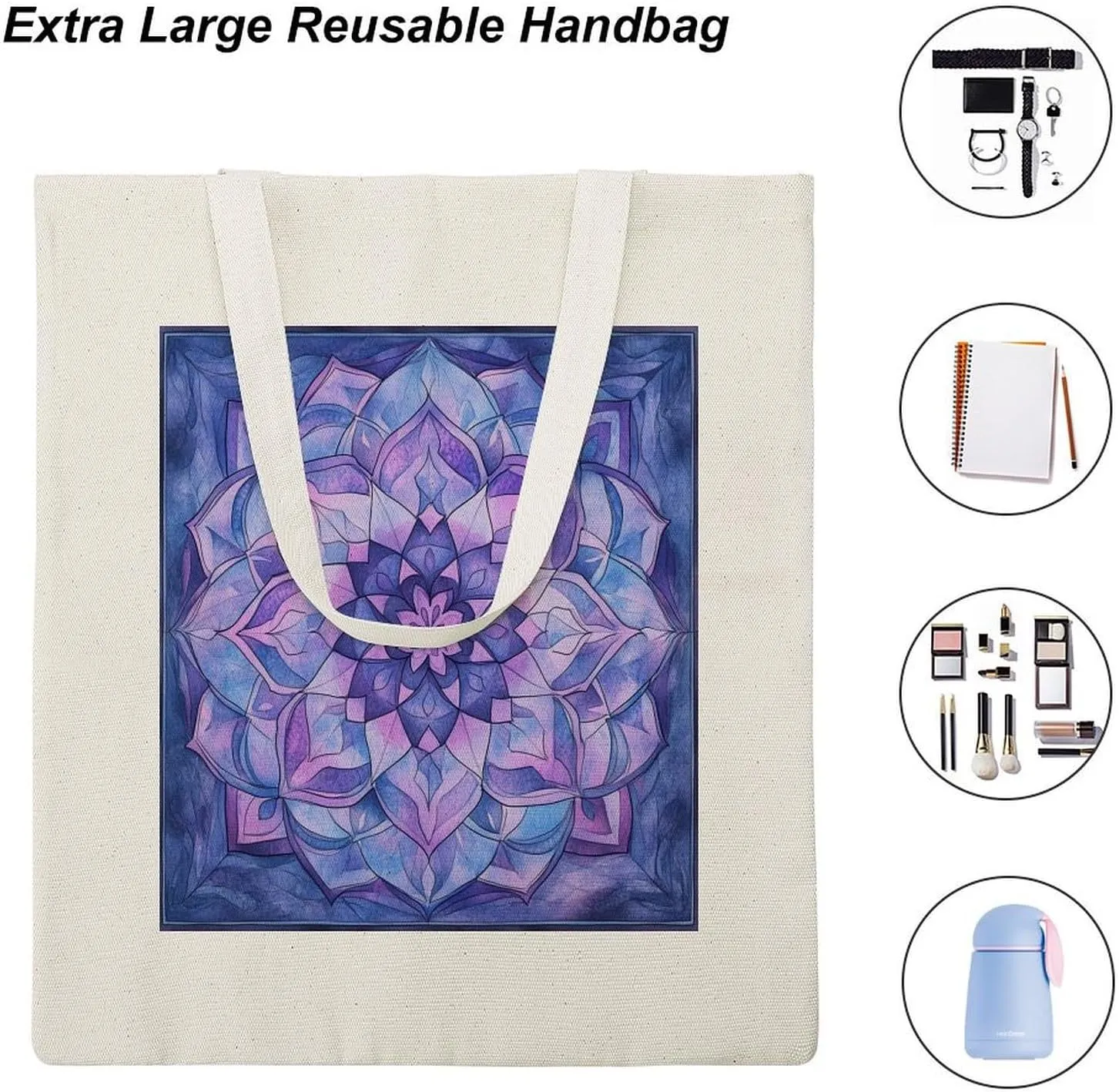 Tote Canvas Bag Purple And Blue Mandala Reusable Shoulder Tote Bag Abstract Flower for Shopping Gym