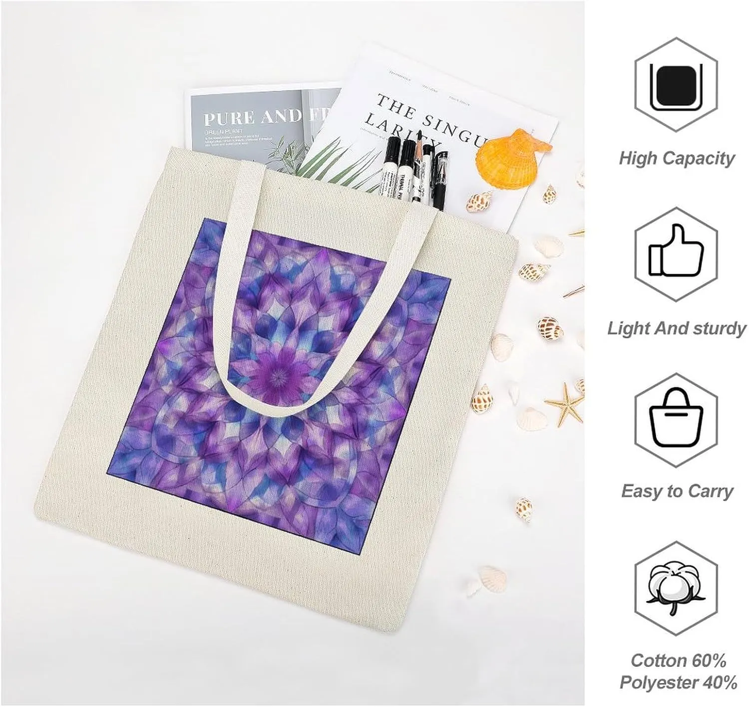 Tote Canvas Bag Purple And Blue Mandala Reusable Shoulder Tote Bag Abstract Flower for Shopping Gym