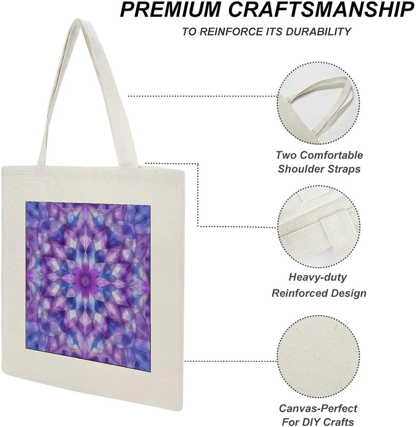 Tote Canvas Bag Purple And Blue Mandala Reusable Shoulder Tote Bag Abstract Flower for Shopping Gym