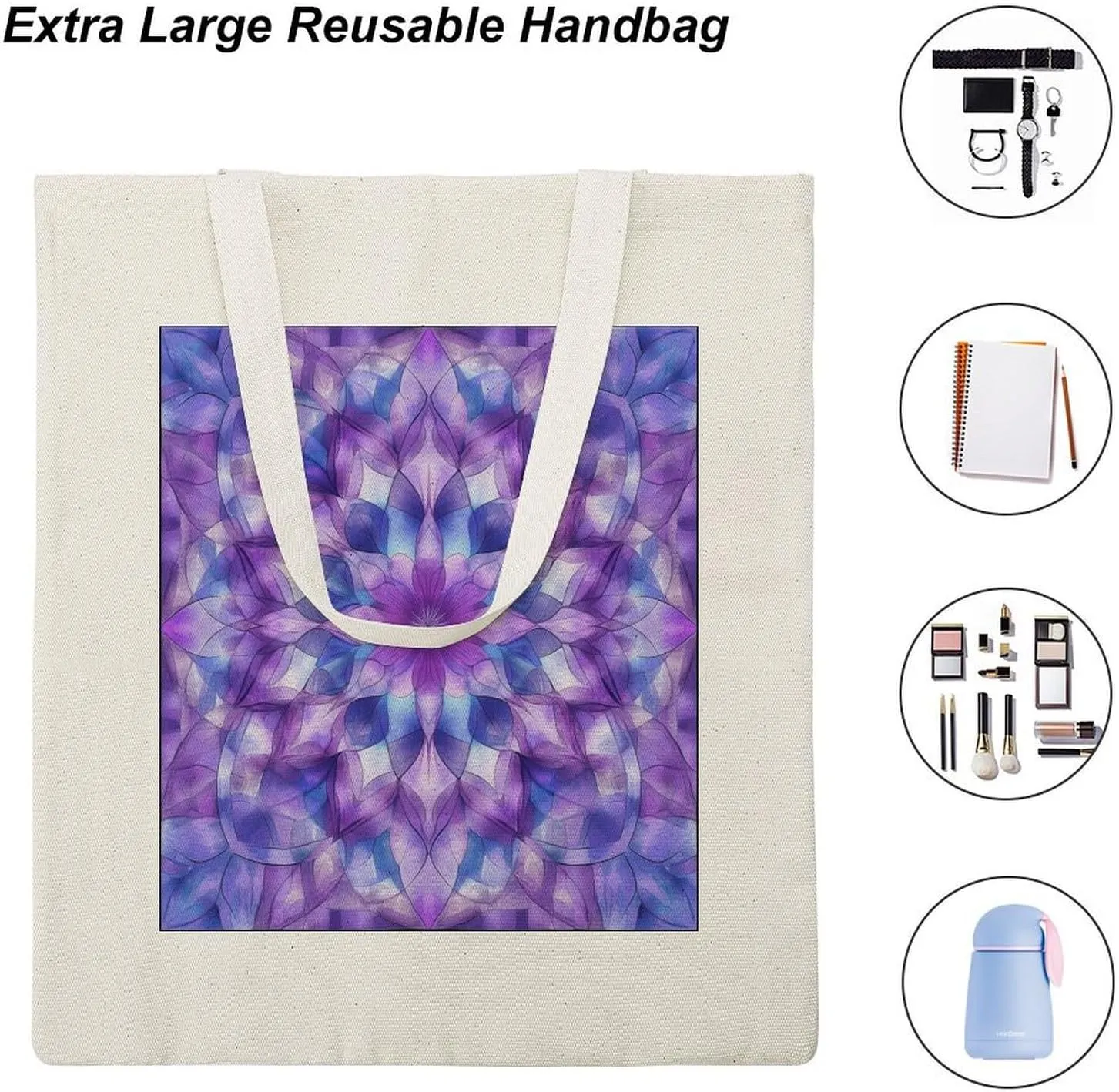 Tote Canvas Bag Purple And Blue Mandala Reusable Shoulder Tote Bag Abstract Flower for Shopping Gym